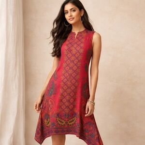 Avaasa Kurta Paisley Long Tunic Top Dress Asymmetrical Hem Size M Split Neck